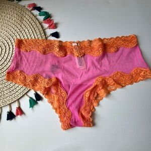 Victoria's Secret Tease Mesh Lace-Trim Cheeky Panty Hollywood Pink XL NEW